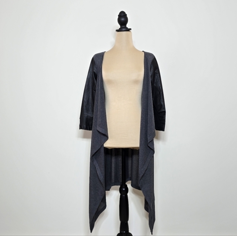 John Eshaya Leather Sleeved Drape Long‎ Line Cardigan